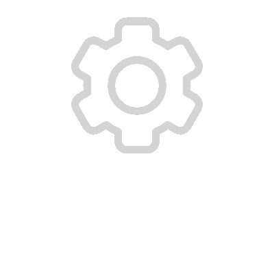 Icon of two white hands cupping a white gear on a black background.
