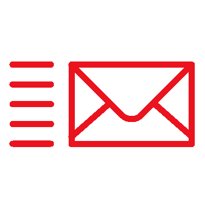 Red outline of an open envelope with lines indicating movement to the right, suggesting sending an email or message.