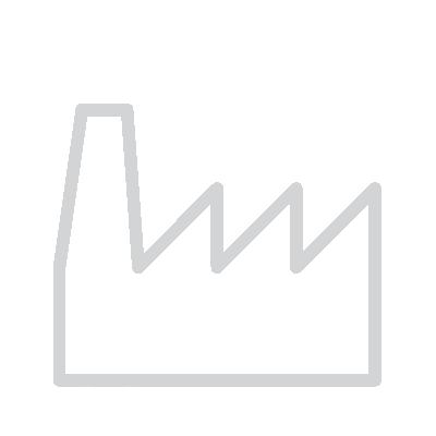 White line art icon of a factory with smoke coming from chimney, against a black background.