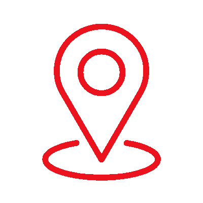 Red map pin icon with a circular outline on a black background.